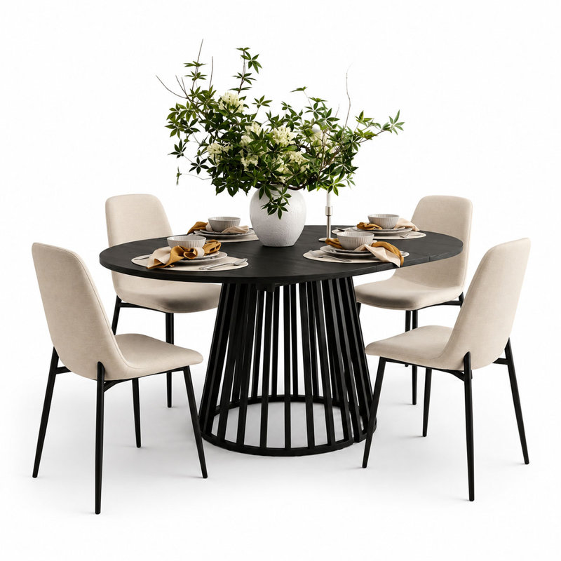 4- Person Dining Table Sets With Extendabe Oval Table & 4 Upholstered Chenille Dining Chairs, Beige