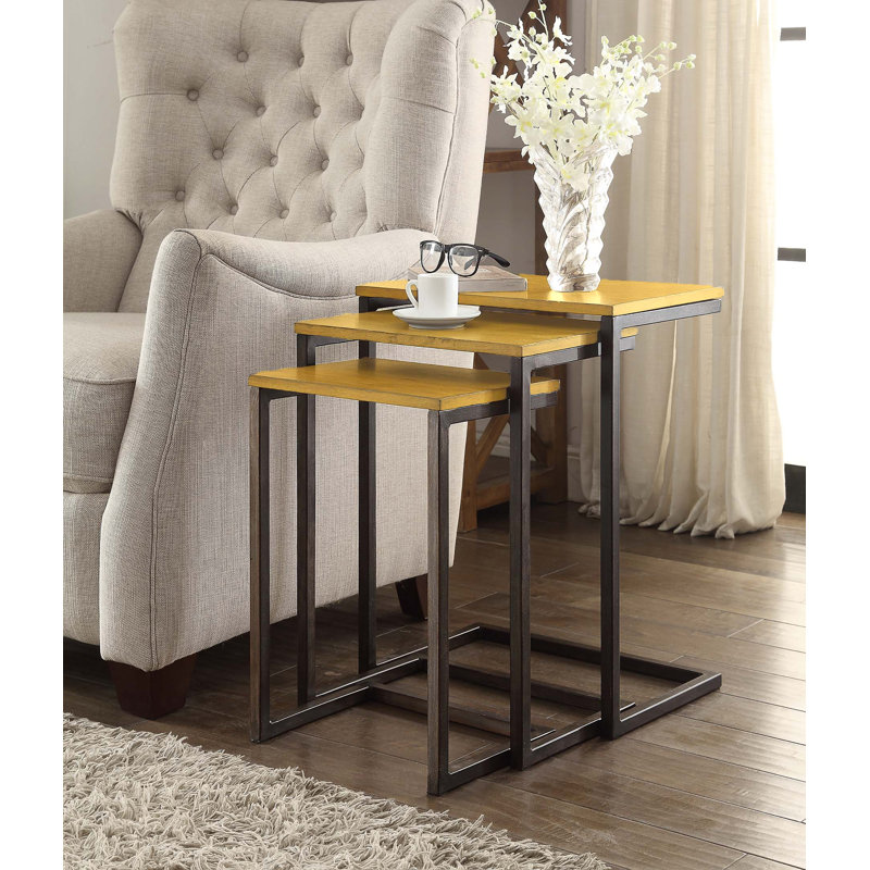 Ensemble de 3 tables gigognes en bois massif H 23,5 po x l 18 po Kendrik , Chêne, Fer