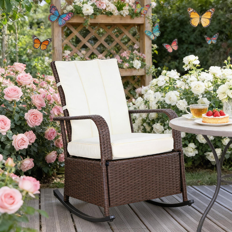 Fauteuil inclinable et berçant en rotin d'extérieur, Brun, Blanc