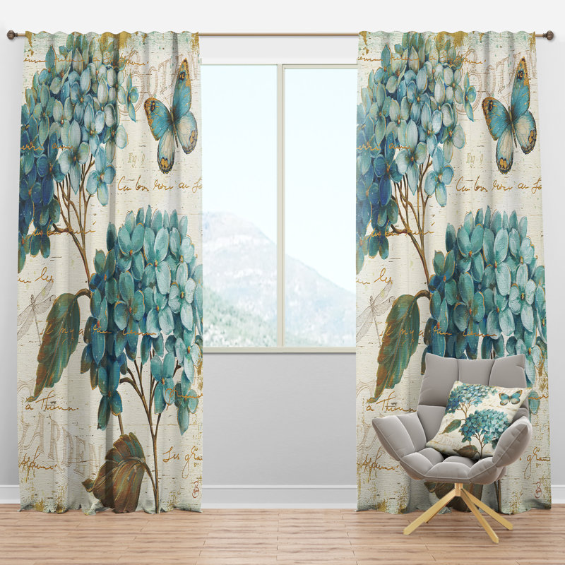 butterfly Blue Garden I - Traditional Curtain - Velvet Room darkening - 1 panel, 52"W x 90"L