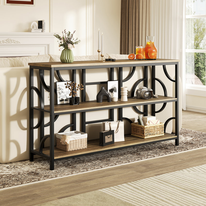 55'' Industrial Sofa Table, 3-Tier Storage Console Table With Unique Geometric Design, Behind Couch Accent Table For Entryway, Living Room, Foyer, Hallway, Office - Rustic Brown
