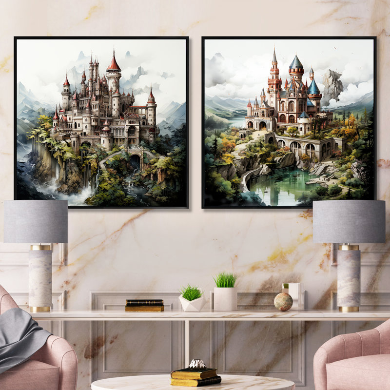 Dessin mystique d'un château - ensemble de 2 châteaux carrés, Cadre flottant noir, H 16 po x l 33 po