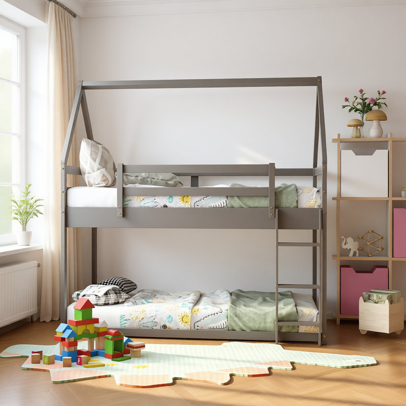Lit superposé simple au-dessus de simple avec échelle, structure en pin massif, conception de maison de jeu pour enfants, mobilier de chambre peu encombrant
