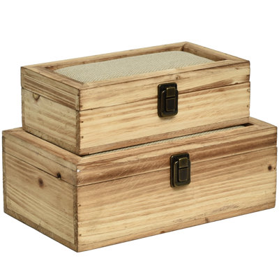 Boîtes de rangement décoratives avec couvercle à charnières, boîte à souvenirs 2 pièces, coffre à trésor en bois, grand panier de coffre vintage pour hommes, enfants, bijoux (couvercle en lin, blanc)