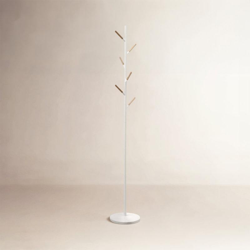 Yamazaki Home Plain Freestanding Coat Hanger Rack With Wooden Hooks, Space Saving, 70" - Steel, White