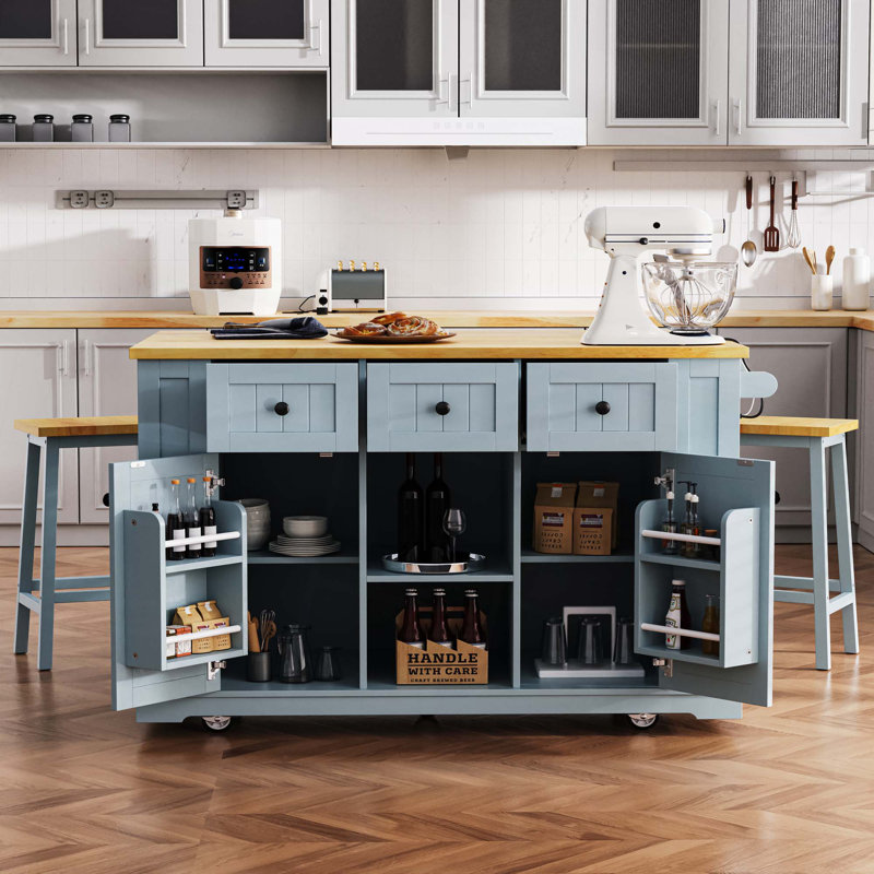 Ensemble de 3 îlots de cuisine avec grand abattant, prise de courant et support de rangement interne (avec 2 tabourets)