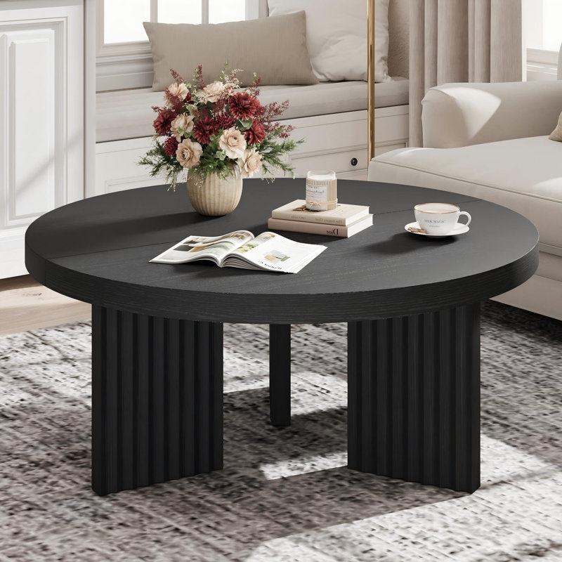 Table basse ronde de 33,5 po, table centrale circulaire avec pieds cannelés et plateau épais de 1,3 po, Black