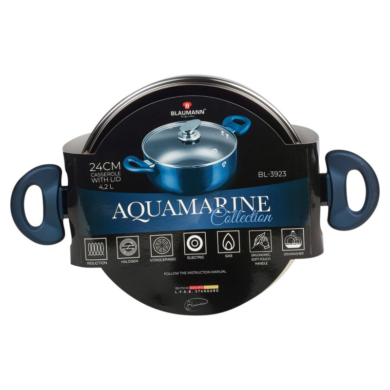 Blaumann 4.43L Pressed Aluminium Casserole Pan With Lid, Aquamarine
