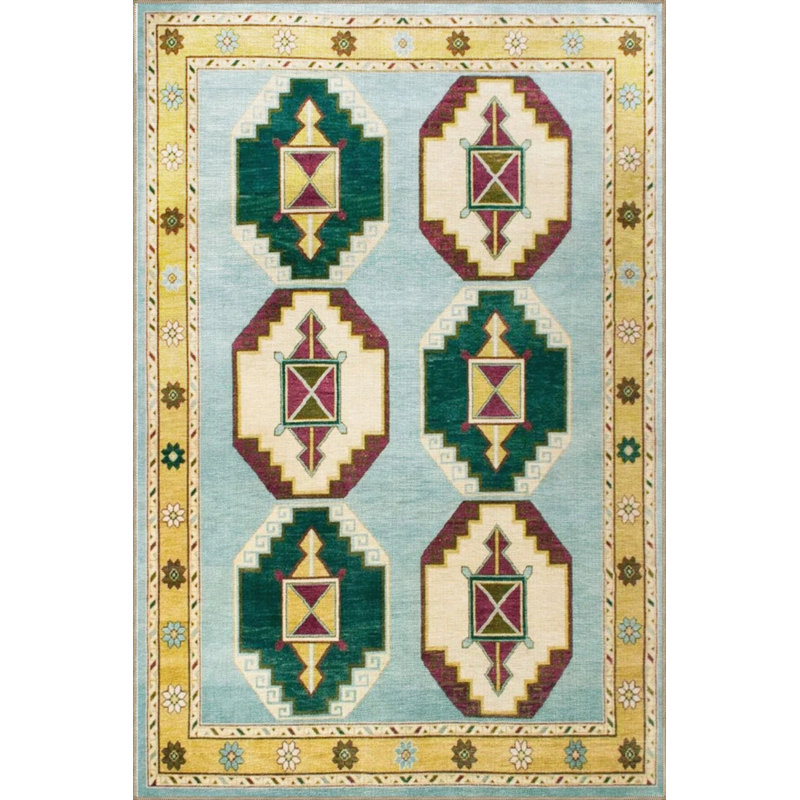 Blue Themed Multicolored Mixed Geometric Pattern Vintage Decorative Carpet, Round 5'