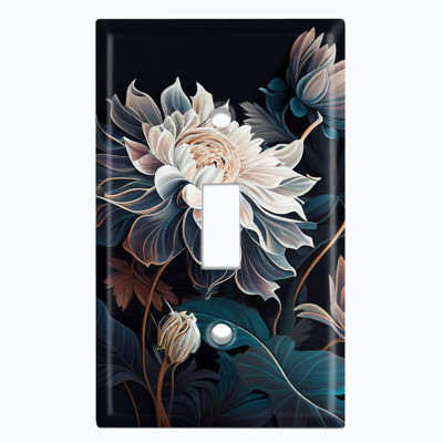 Metal Light Switch Plate Outlet Cover (White Flower Dark Blue Leaves - Single Toggle)