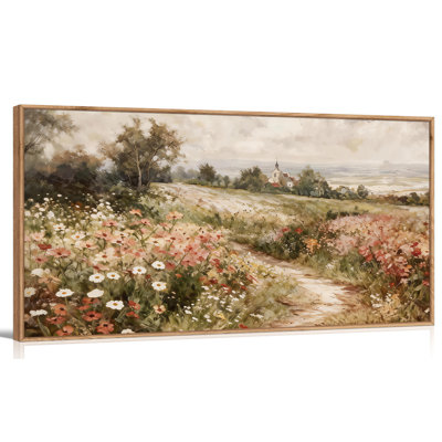 TIHUSAGO, art mural encadré sur toile, paysage champêtre, décoration rustique, œuvre de sentier de fleurs sauvages pour le salon, la chambre à coucher et le bureau (24 po x 48 po)