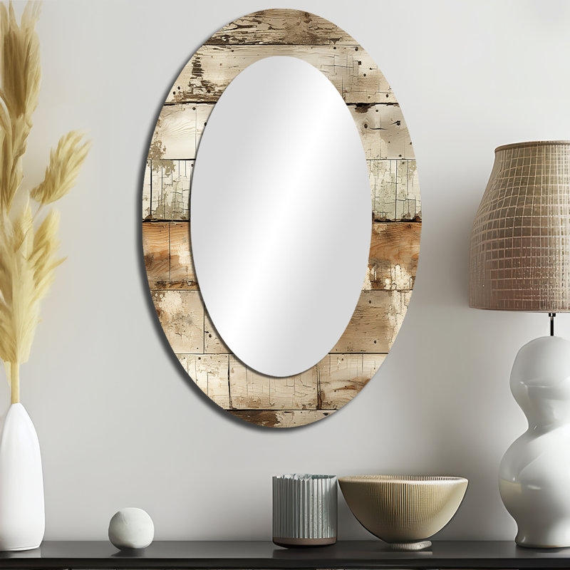 Rustic Farmhouse Weathered Planks - Grand miroir mural ovale sur métal, H 36 po x l 24 po