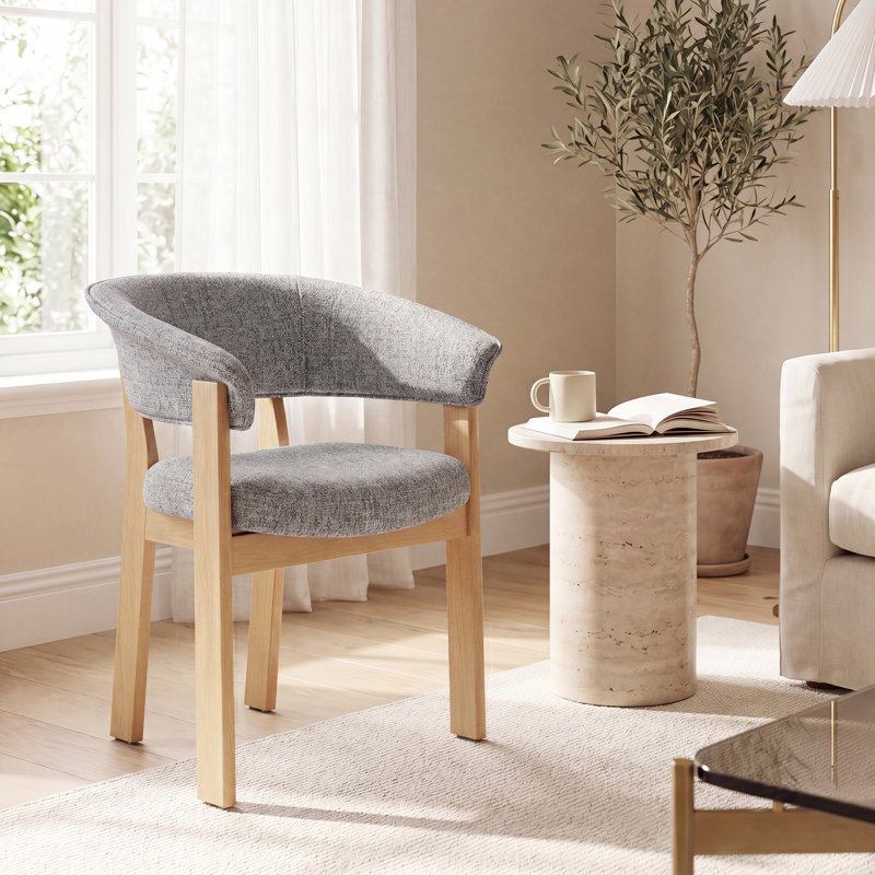 Chaise de salle à manger rembourrée avec accoudoirs tonneau, Natural Wood, Light Grey