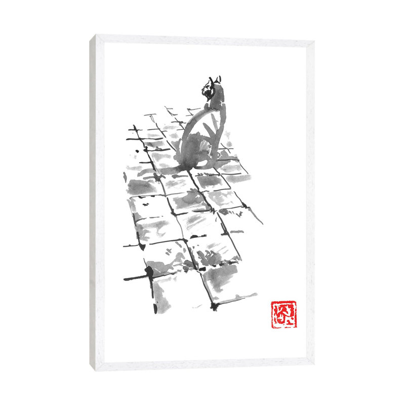 Cat On Pavement by Péchane - Painting on Canvas, White Framed, 101.6 cm H x 66.04 cm W