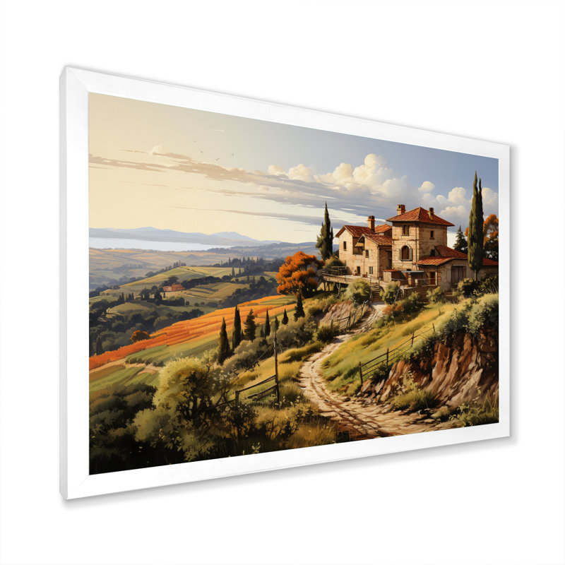 «Country Charm Tuscan Splendor», art mural campagne, Cadre simple blanc, H 34 po x l 44 po x P 1,5 po