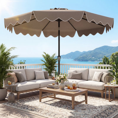 9 FT Patio Umbrella with Weighted Base Sandbags Push Button Tilt Crank Sturdy Ribs Brown