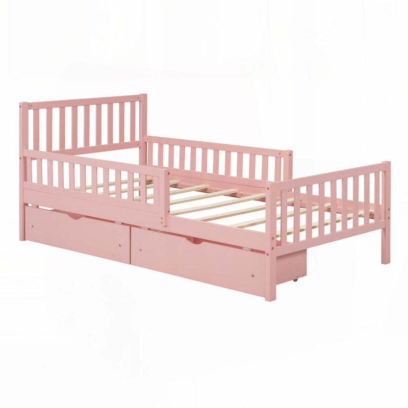 Lit plateforme en bois avec garde-corps des deux côtés et deux tiroirs de rangement, Lit simple, Rose