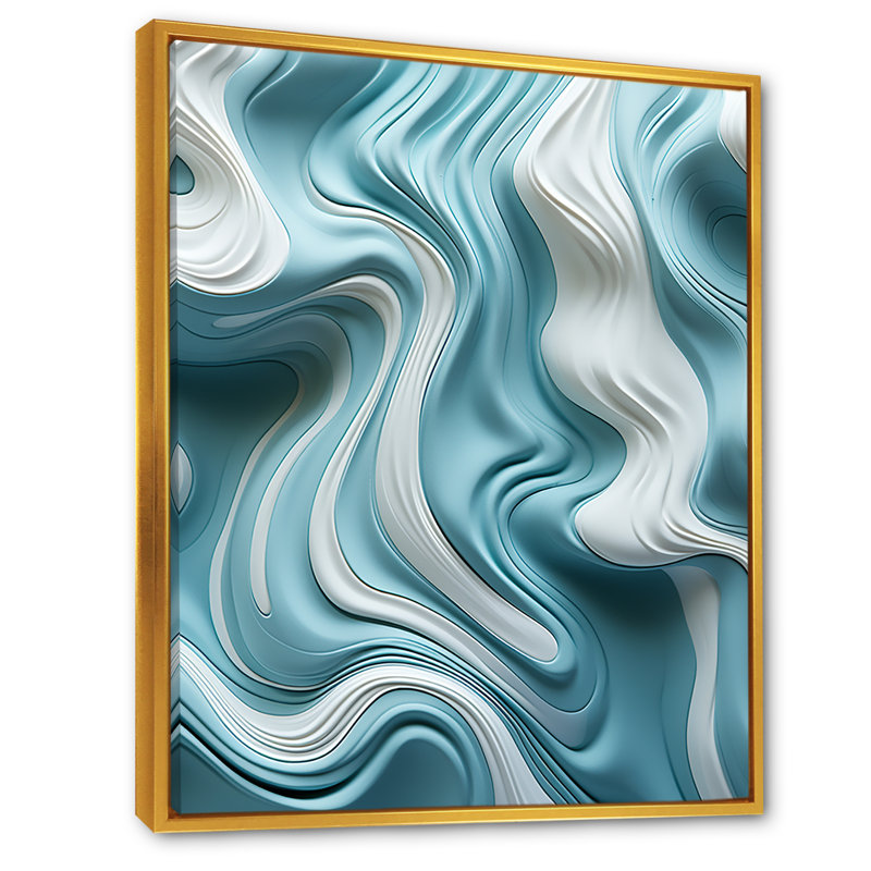 «Blue and White Wave Tiles Impressions I», art mural vagues, Cadre flottant doré, H 44 po x l 34 po x P 1,5 po