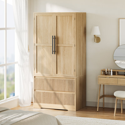 Armoire-penderie autoportante avec 2 tiroirs cannelés, tablettes et tringle, grande armoire de rangement en bois