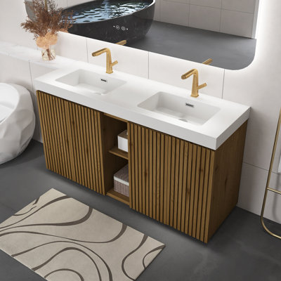 Meuble-lavabo moderne en chêne noueux 60 po avec lavabo une pièce à double cuve en quartz blanc, grand meuble-lavabo autoportant avec rangement