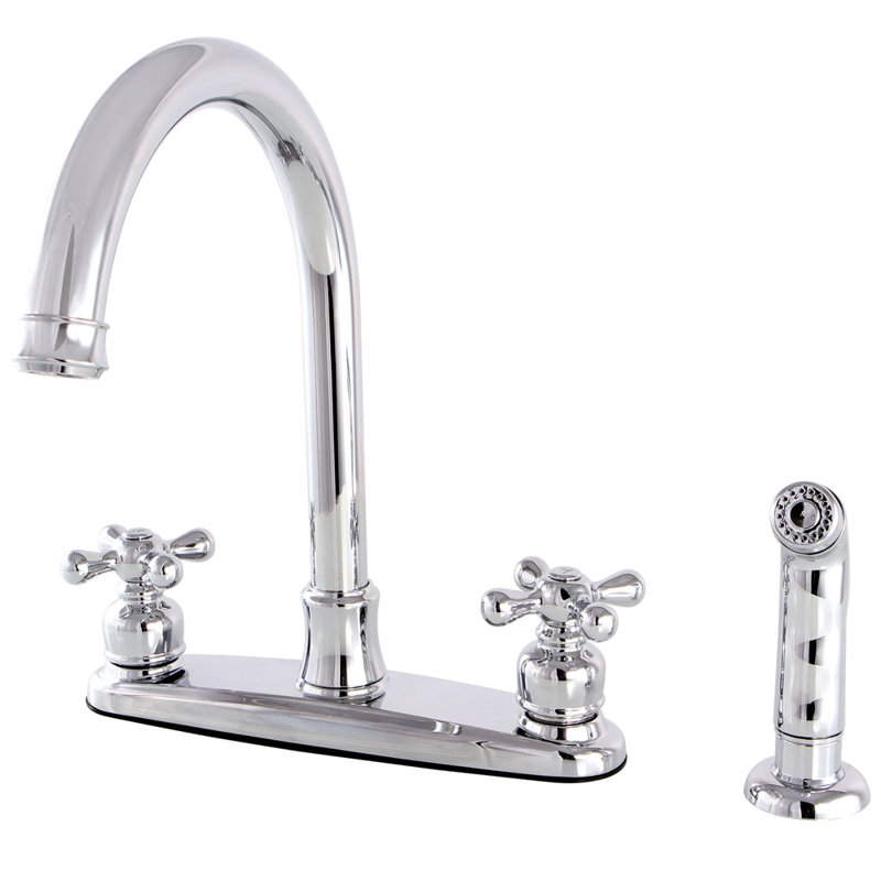 Kingston Brass Victorian Two-Handle 4-Hole 8" Centerset Kitchen Faucet with Side Sprayer, Polished Chrome