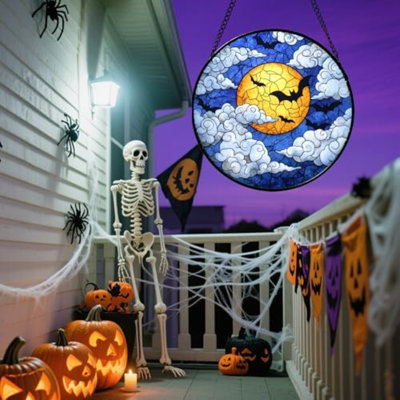 Vitrail suspendu - décorations d'Halloween chauves-souris, lune, nuages, attrape-soleil pour portes, jardin, intérieur, effrayant, drôle, attrape-soleil, décor gothique, horreur, cadeaux pour femmes, hommes, ami, 15 po