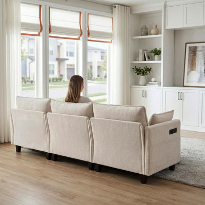 Modern Chenille Sofa Set, 3-Seat Couch with Matching Ottoman, Modular Living Room Furniture with Built-in USB Ports and Side Pockets