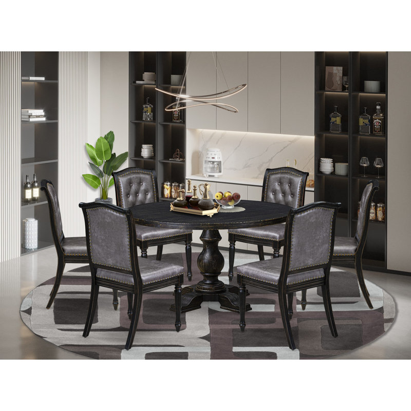 Ensemble de table de salle à manger 7 pièces avec 6 chaises rembourrées en polyester gris foncé, un dossier capitonné et une table de cuisine au fini noir sablé.