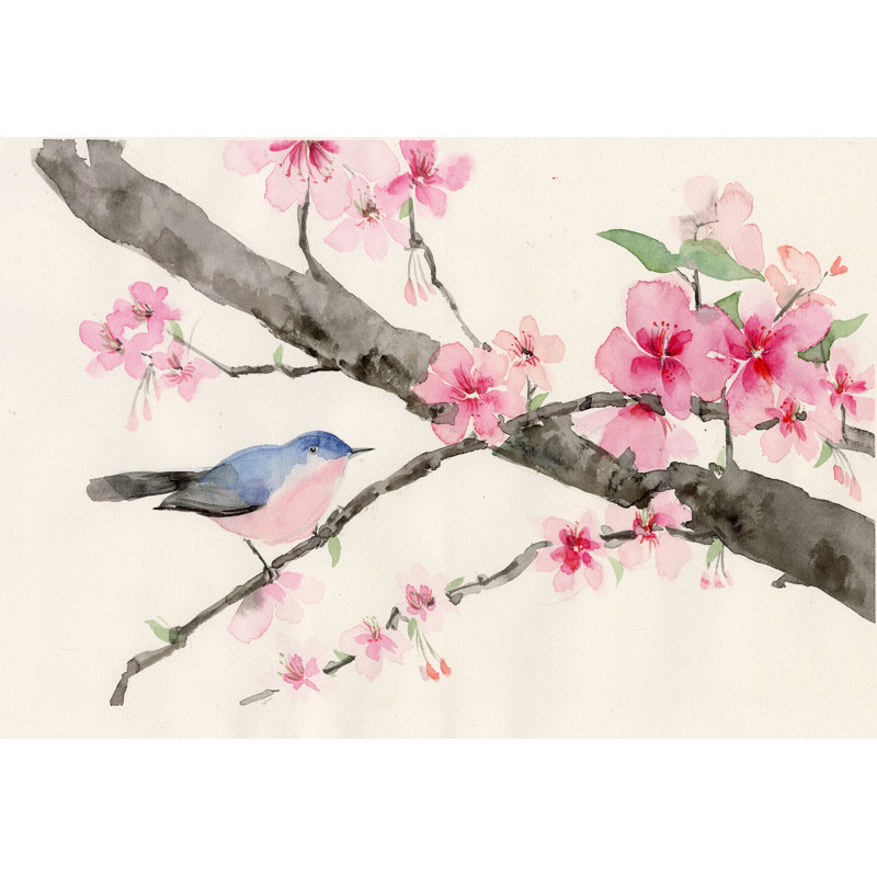 The Cherry Blossoms III - Painting on Canvas, 81 cm H x 122 cm W, Black Floater Framed