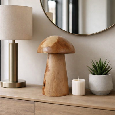 Modern Teak Wood Carved Mushroom Statue Object For Living Room Decor - Natural Decorative Accent For Shelf, Tabletop Or Home Decor - Brown