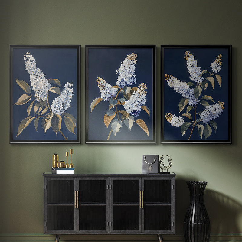 FLORAL Series CLX - Toile tendue avec châssis sur mesure - 3 pièces, H 27 po x l 57 po, Noir, noir, noir, noir