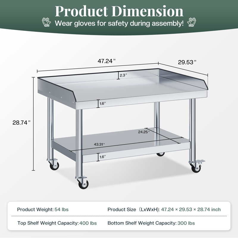 48" x 30" Stainless Steel Commercial Equipment Stand with Adjustable Undershelf, Leveling Feet and Backsplash
