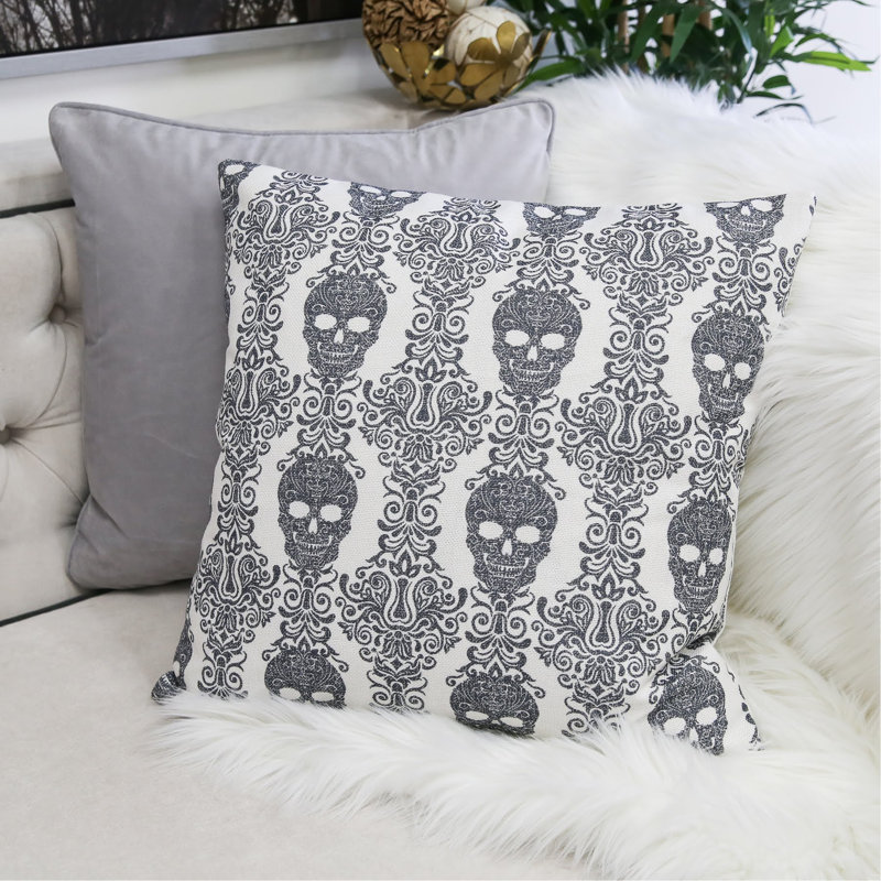 Coussin Gothic Damask Skull - Lin en coton noir et blanc