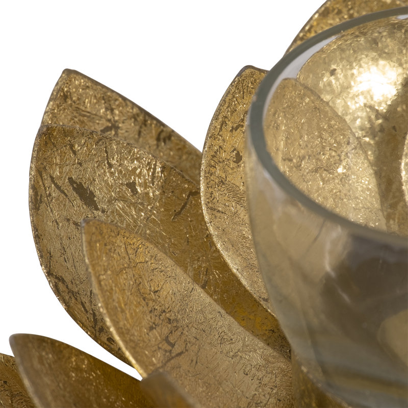 Gold Metallic Lotus Candle Holder - 8" Metal and Glass Taper Holder for Home, Office, Bedroom, Living Room Decor