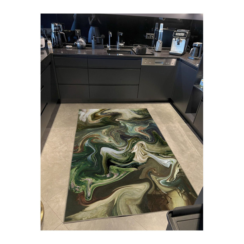 Tapis décoratif moderne à motif de vagues surréelles vertes, Sous-tapis rectangulaire 4 pi 7 po x 6 pi 7 po inc