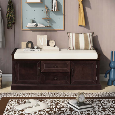 Storage Bench With 2 Drawers And 2 Cabinets, Shoe Bench With Removable Cushion For Living Room, Entryway