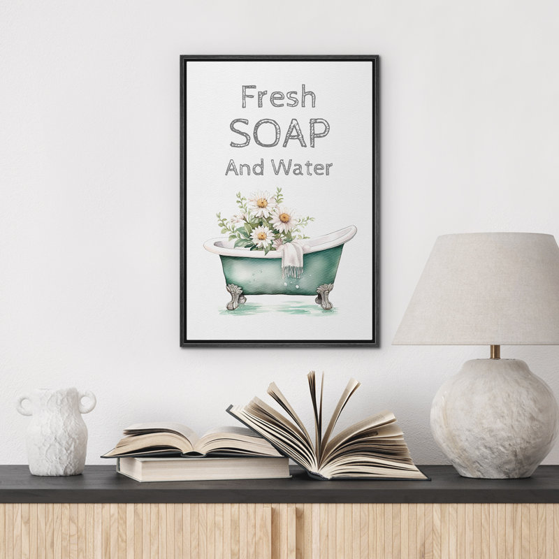 «Fresh Soap and Water Daisies In The Bathaign», décoration de salle de bain mignonne encadrée sur toile, Cadre flottant noir