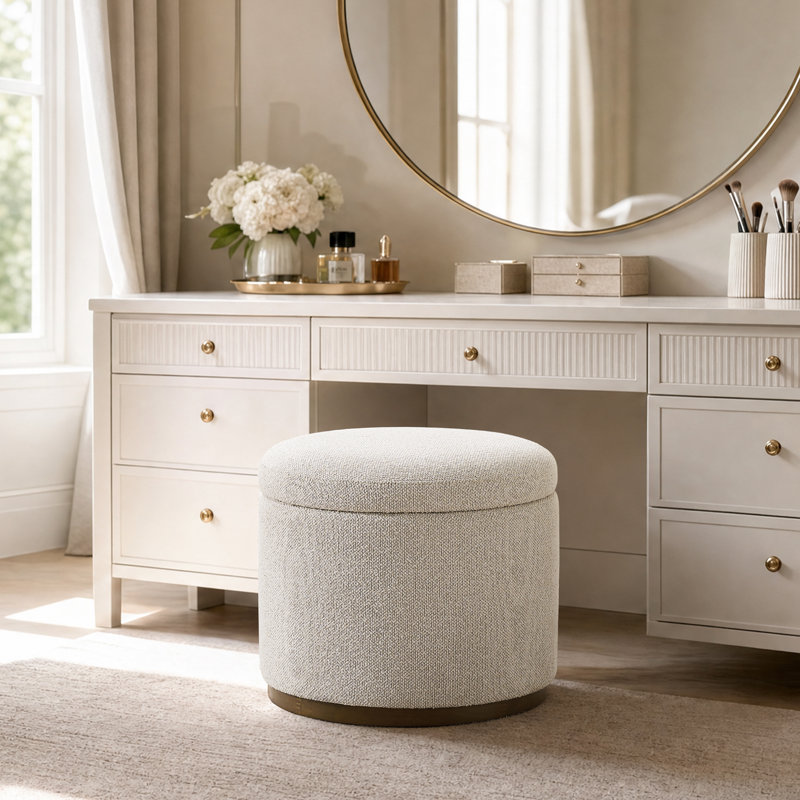 19.9"Round Upholstered Ottoman with Storage, Beige