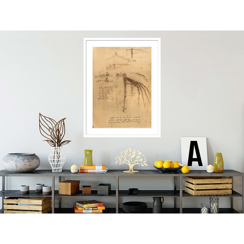 Esquisse pour une aile avec des extrémités mobiles par Leonardo Da Vinci - Estampe numérique encadrée, H 41,5 po x l 32,08 po