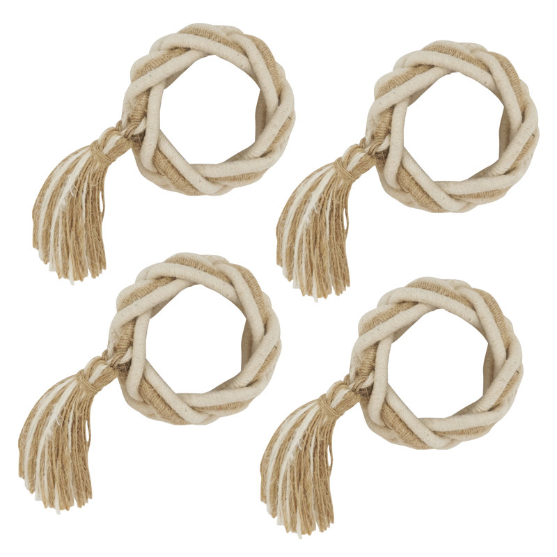Braided Jute Tassel Napkin Rings Set of 4, Off-White
