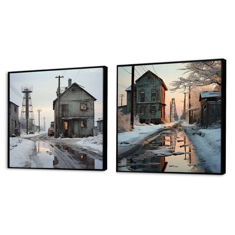 "Warehouse Winter Scenery" 2 pièces, Cadre flottant noir, H 36 po x l 73 po