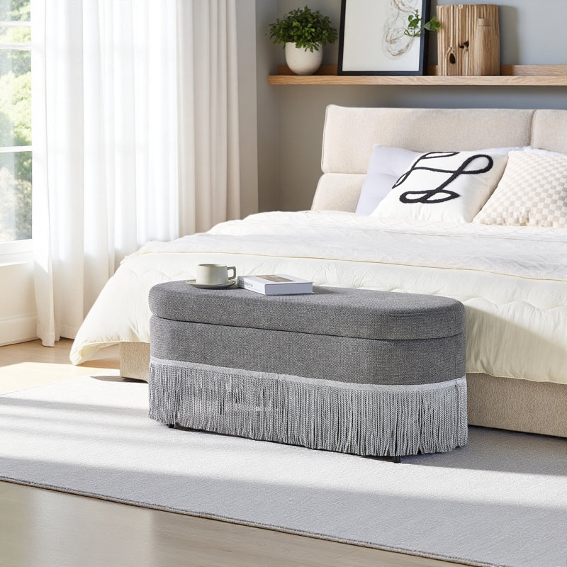 Oval Upholstered Storage Ottoman With Fringe Trim & Lift-Top Lid - 39"L X 16"W X 17"H, Multi-Functional Footrest & Hidden Storage
