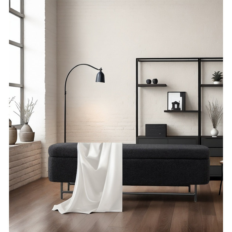 Repose-pieds scandinave minimaliste avec rangement en laine d'agneau noire