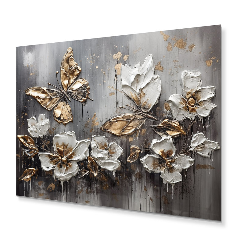 Ailes de papillon doré blanc et fleurs III - art mural floral en métal, H 30 po x l 40 po x P 1 po