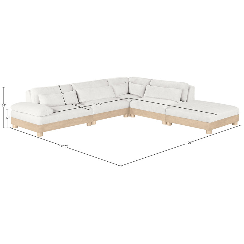 Canapé modulaire 5 pièces en tissu chenille 120 po Turin, Tissu chenille crème, Orienté à droite, Naturel