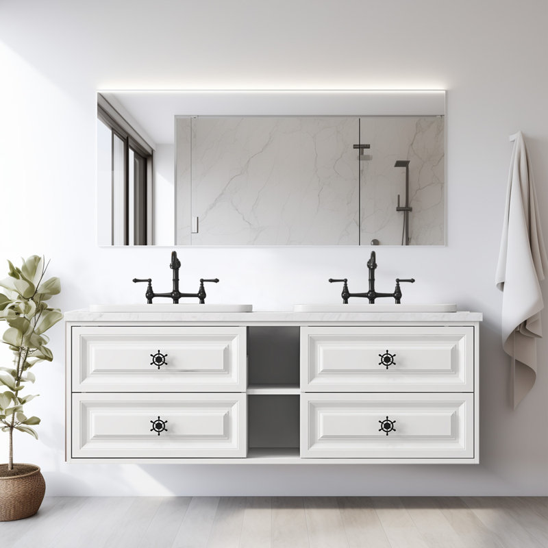 Meuble-lavabo double 60 po avec plateau en marbre Adriaunna