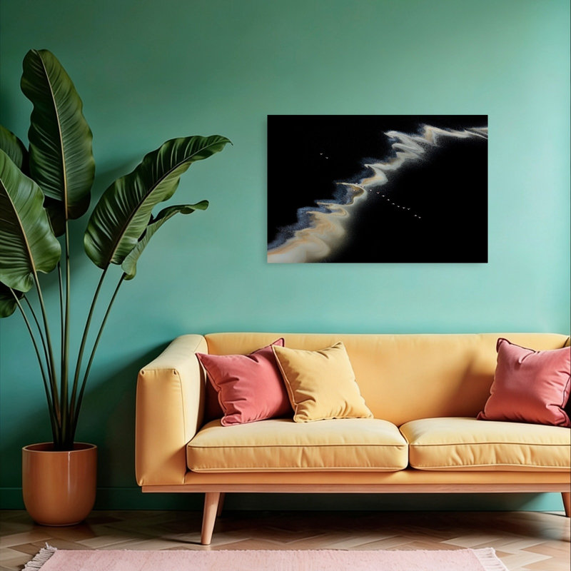 Flamingos Wavy Desert Landscape Abstract Minimalist Serene Bird Flamingo Landscape Nature Wall Art Print 1 Piece Wrapped Canvas Wall Art