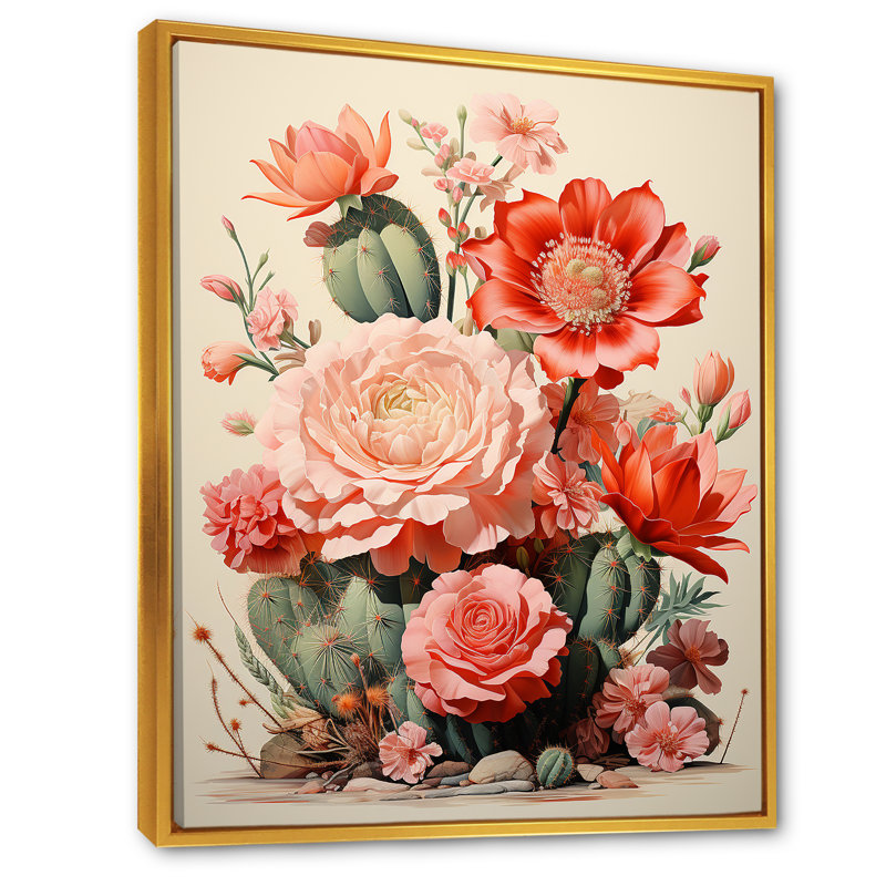 Collage de cactus Coral Cluster - impressions sur toile de cactus, Cadre flottant doré, 20" H x 12" W