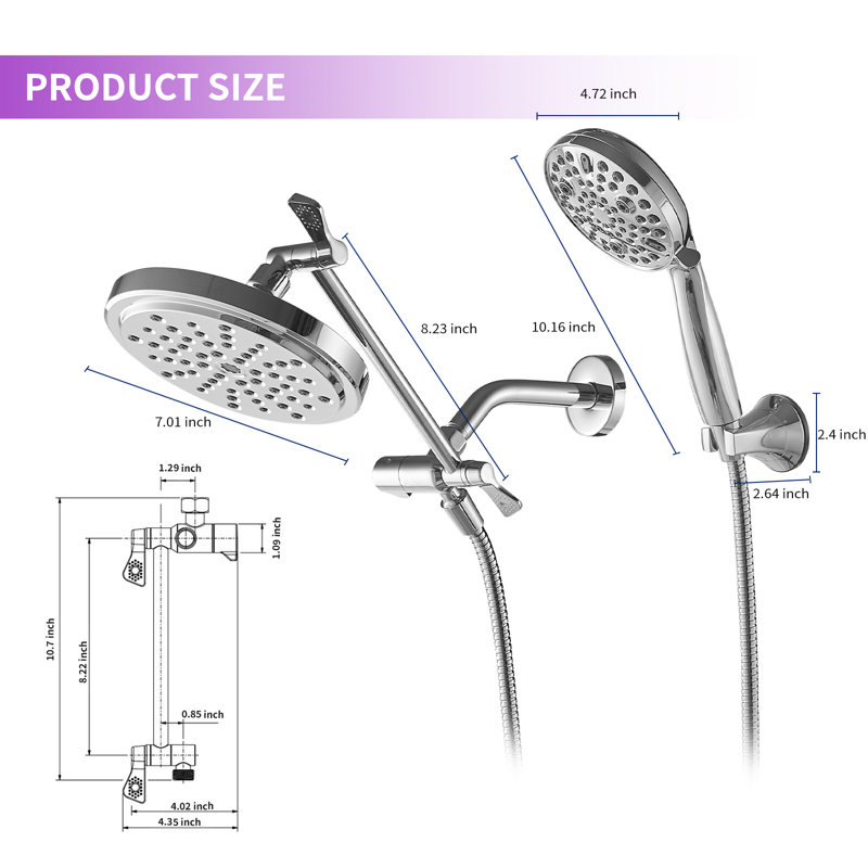 Rainfull 7 In. 8-Spray Patterns Dual Wall Mount Dual Shower Heads And Handheld Shower Head 2.5GPM In Matte Black, Round
