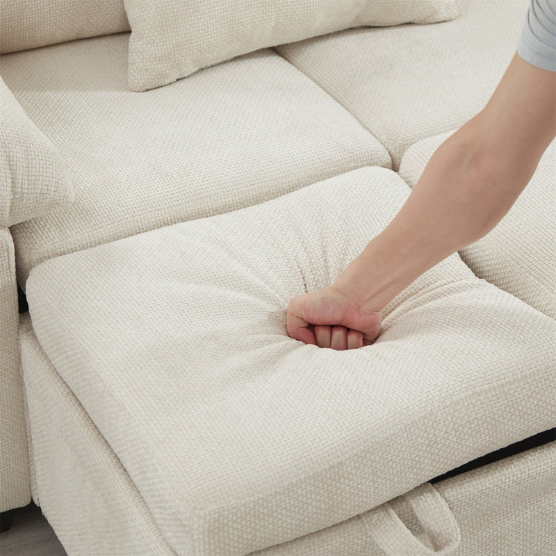 Canapé modulaire en L de 97 po avec siège et repose-pieds de rangement en L 97 po, Chenille beige